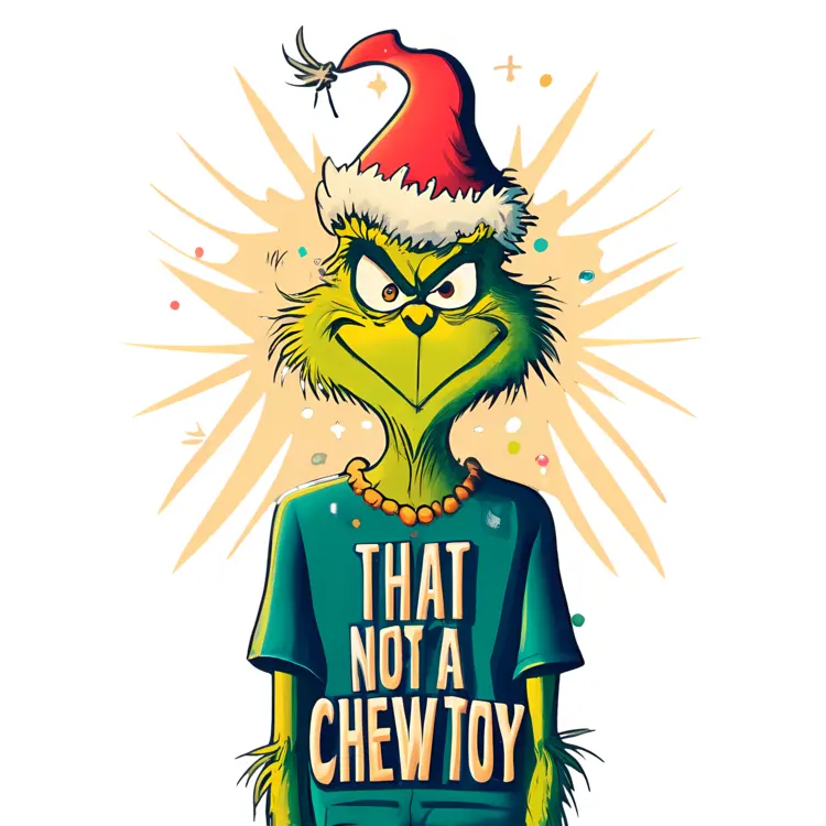 Grinch in Santa Hat with 'THAT NOT A CHEW TOY' Shirt