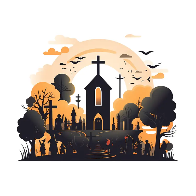 Silhouette of Church and Graveyard at Sunset