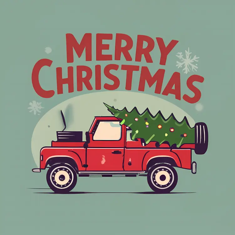 Red Truck with Christmas Tree and Snowflakes