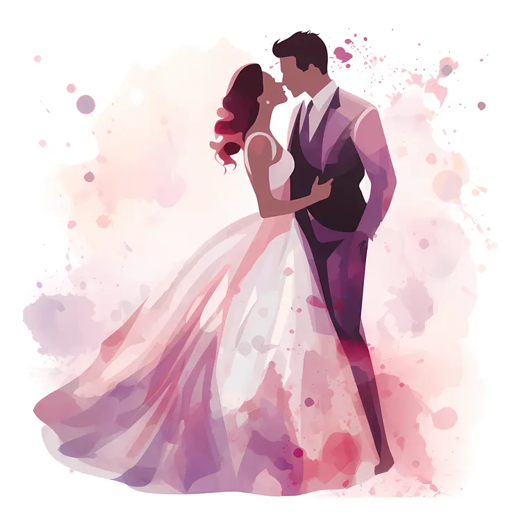 Romantic Couple Silhouette in Pink and Purple Watercolor