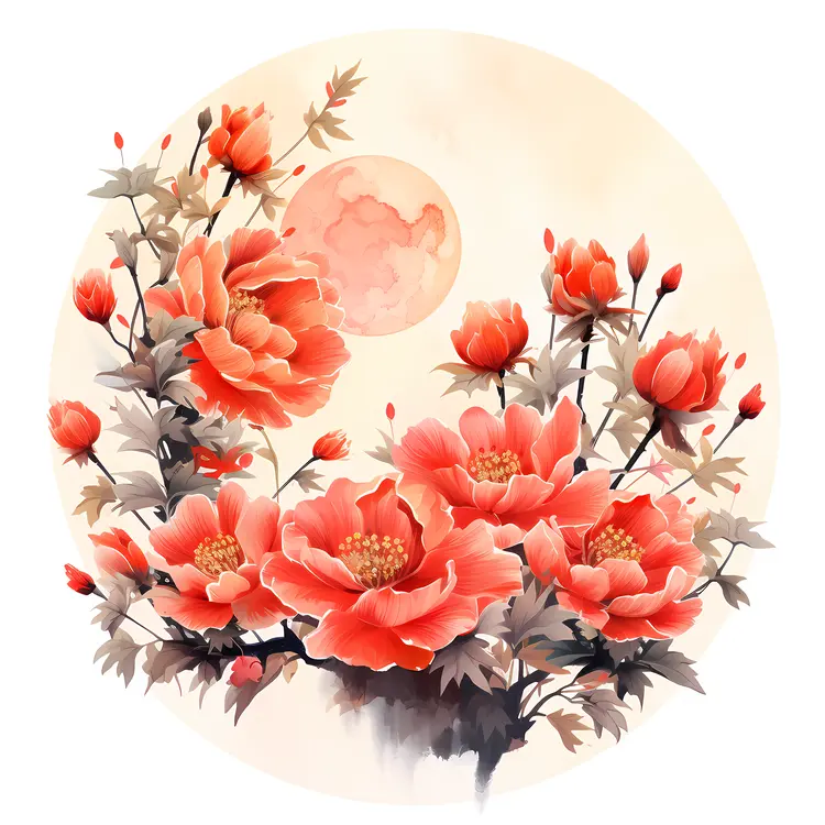 Red Blossoms with Moon
