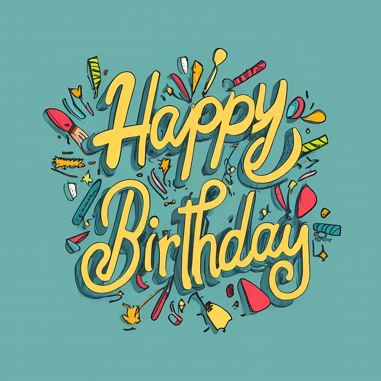 Happy Birthday Text with Confetti and Decorations
