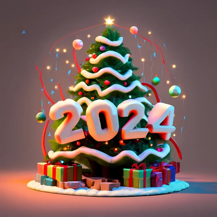 Festive Christmas Tree with 2024 and Holiday Gifts