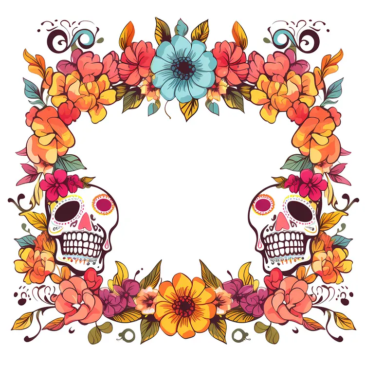 Colorful Floral Frame with Skulls for Day of the Dead