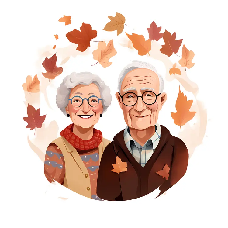 Happy Elderly Couple with Autumn Leaves