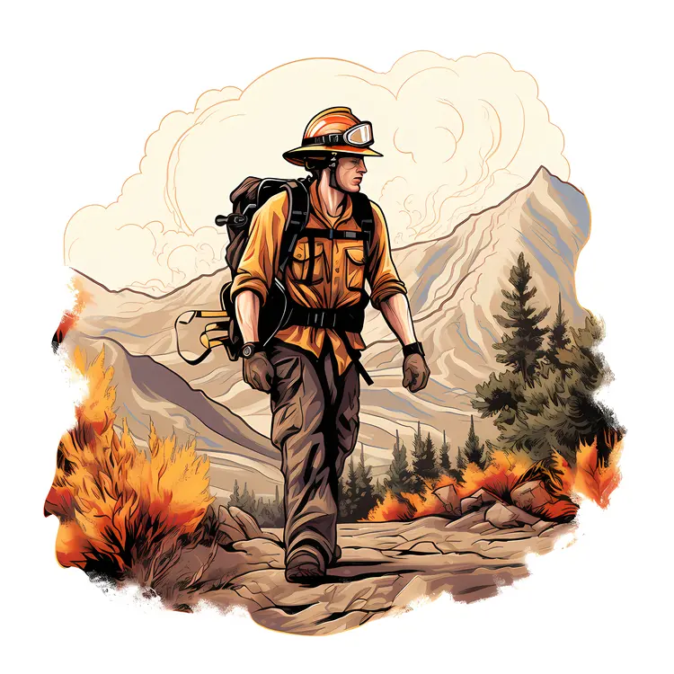 Firefighter Walking in the Mountains