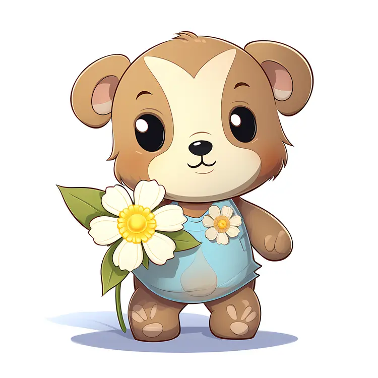 Cute Bear Holding a Flower in Cartoon Style