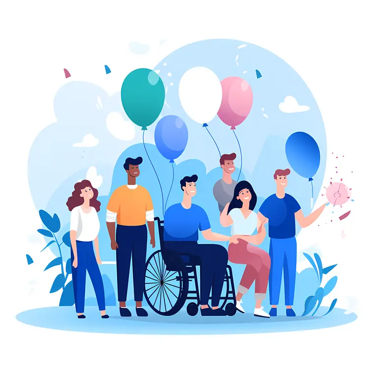 Group with Wheelchair and Balloons Celebrating