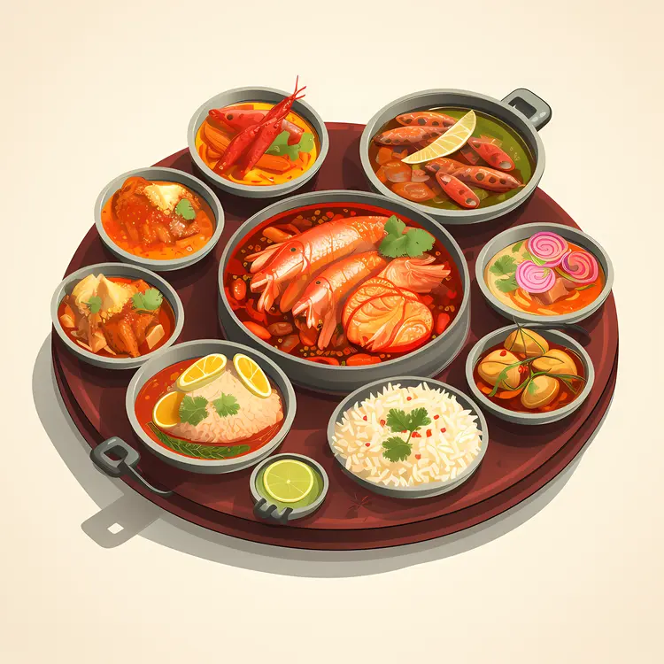 Traditional Seafood Thali with Shrimp and Rice