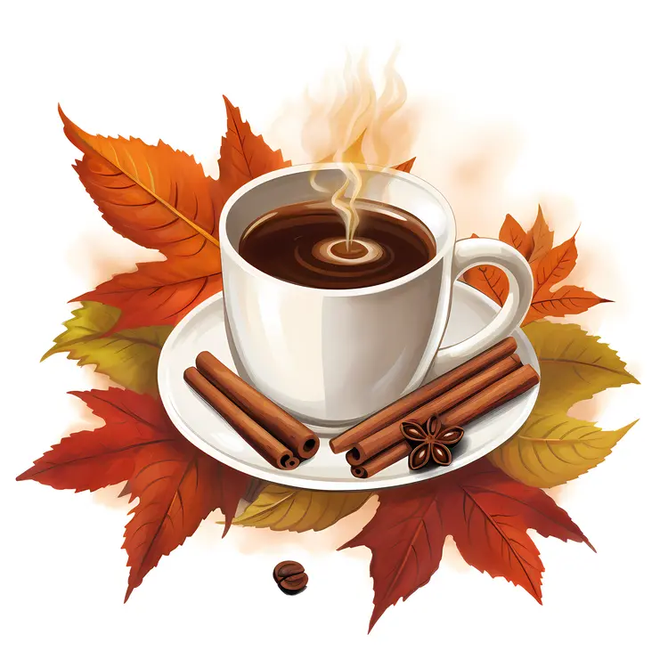 Steaming Cup of Coffee with Cinnamon and Autumn Leaves