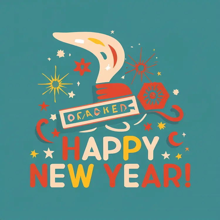 Happy New Year Text with Fireworks and Party Elements