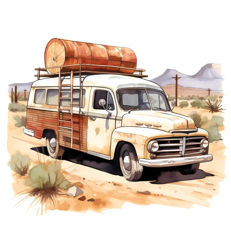 Vintage Van with Luggage in Desert