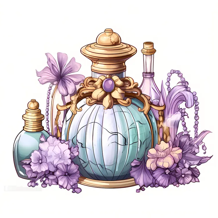Antique Perfume Bottles with Purple Flowers