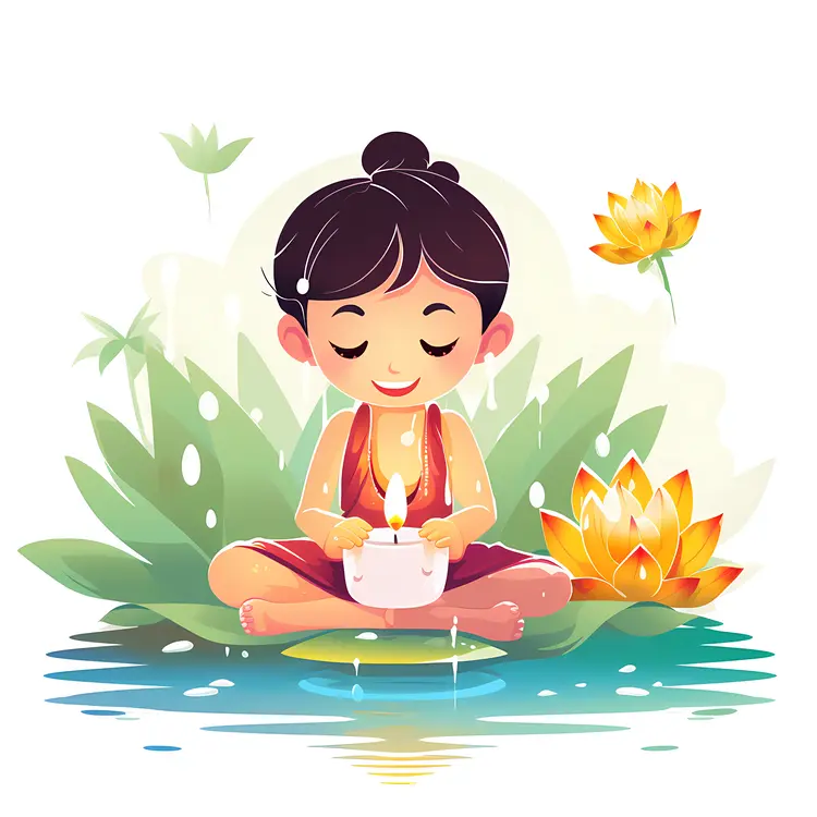 Child Holding Candle on Lotus Leaf