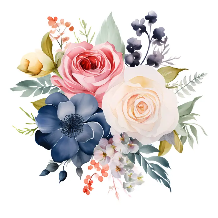 Colorful Pink and White Roses with Blue Flower