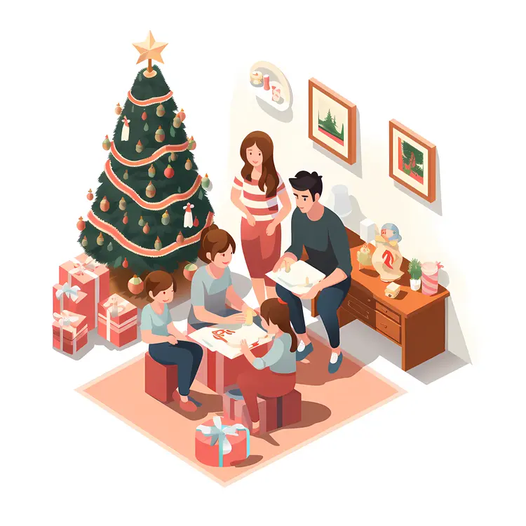 Family Celebrating Christmas with Tree and Gifts