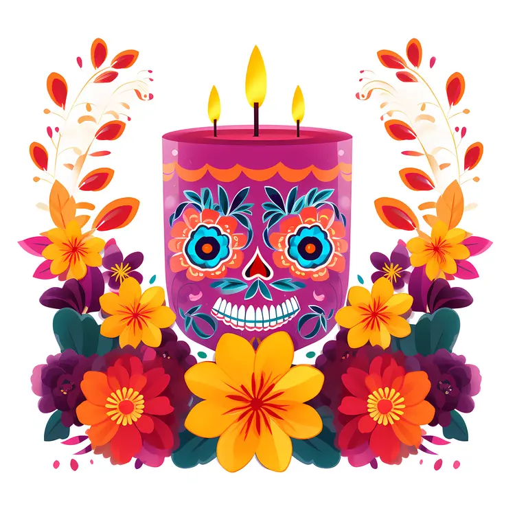 Colorful Sugar Skull with Flowers for Day of the Dead Celebration