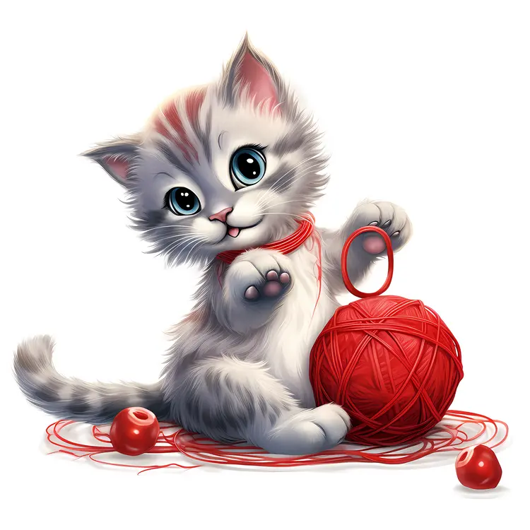 Cute Kitten Playing with Red Yarn Ball