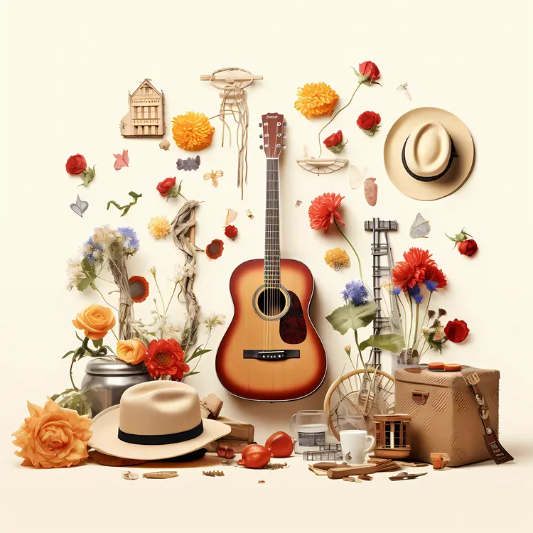 Floral Guitar with Hats and Flowers