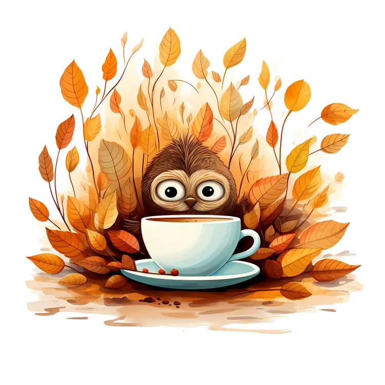 Cute Owl with Coffee Cup in Autumn Leaves