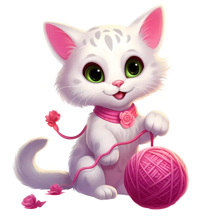 Cute White Cat Playing with Pink Yarn