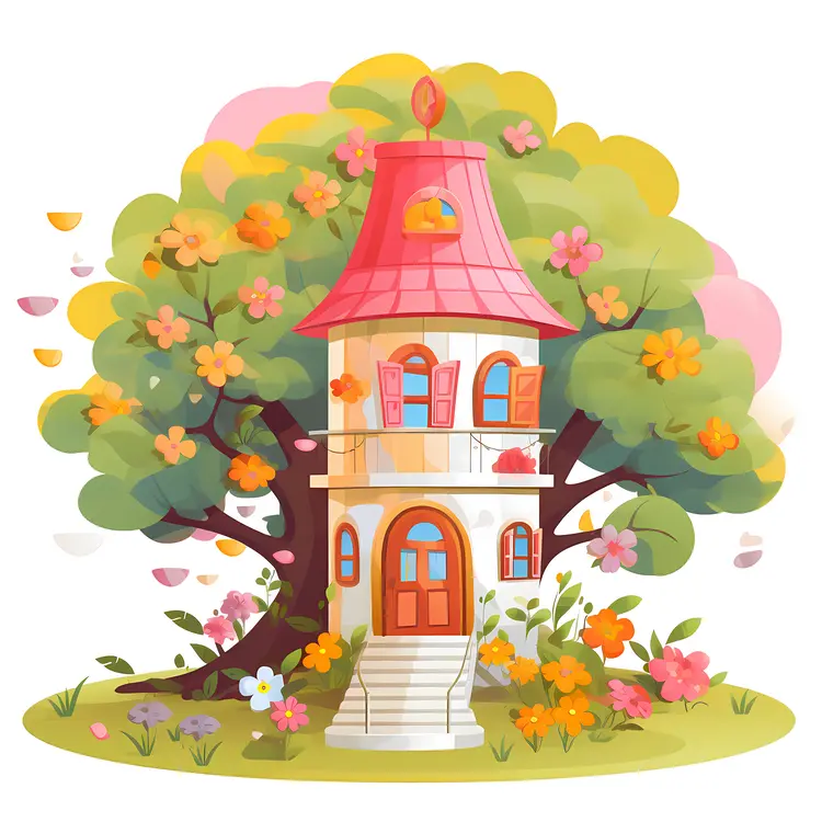 Small Cute Doodle House in a Colorful Garden