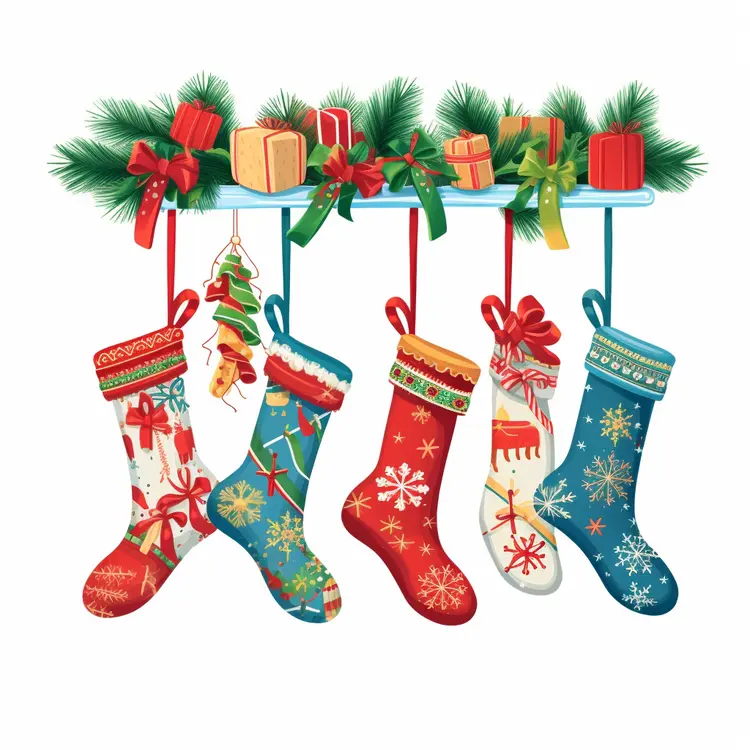 Colorful Christmas Stockings with Gifts and Decorations