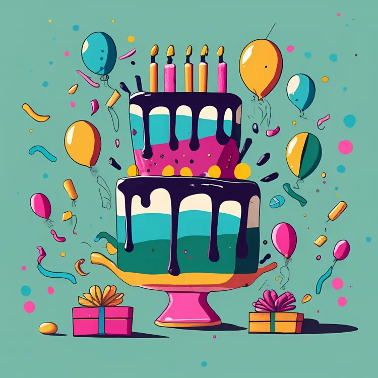 Birthday Cake with Balloons and Gifts