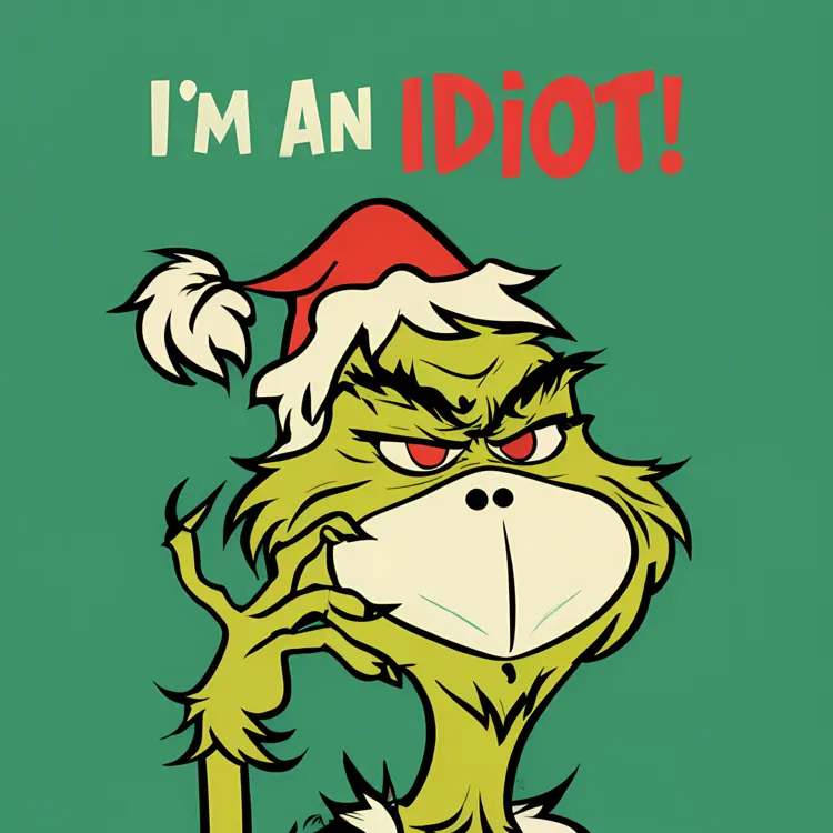 Grumpy Green Character with Santa Hat and 'I'm an Idiot' Text