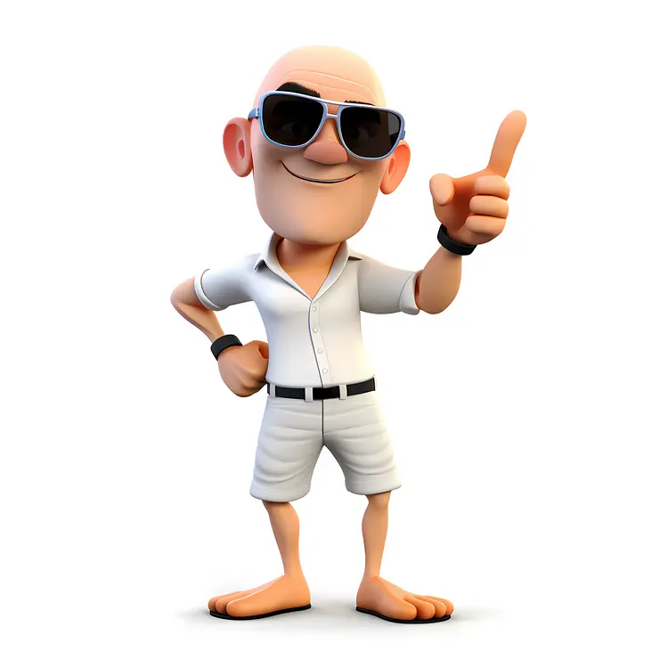 3D Cartoon Bald Man with Sunglasses Pointing