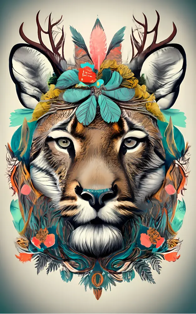 Decorative Tiger with Antlers and Floral Elements