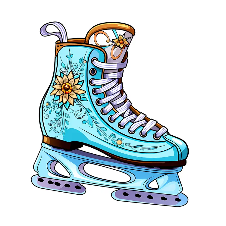 Single Blue Ice Skate with Floral Design