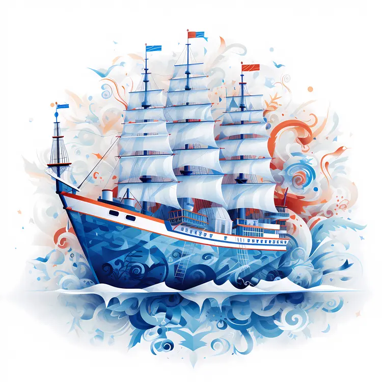 Blue Ship with Sails in the Ocean