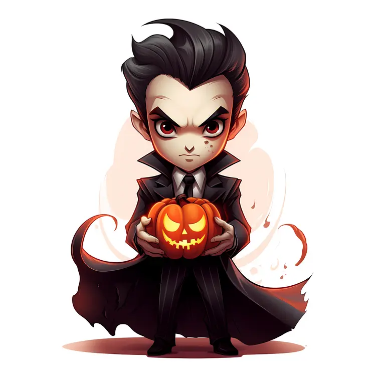 Chibi Vampire Holding Pumpkin for Halloween
