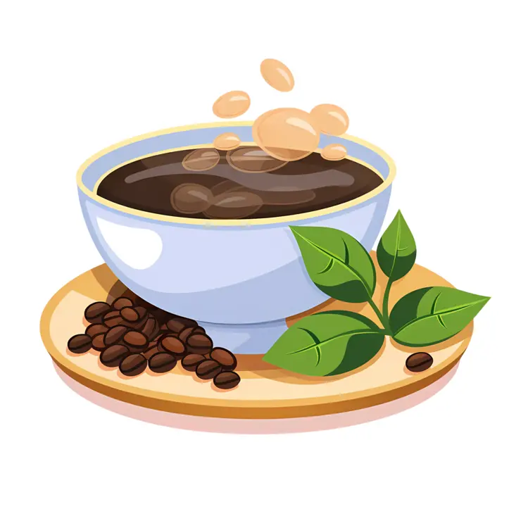 Steaming Coffee Cup with Beans and Leaves