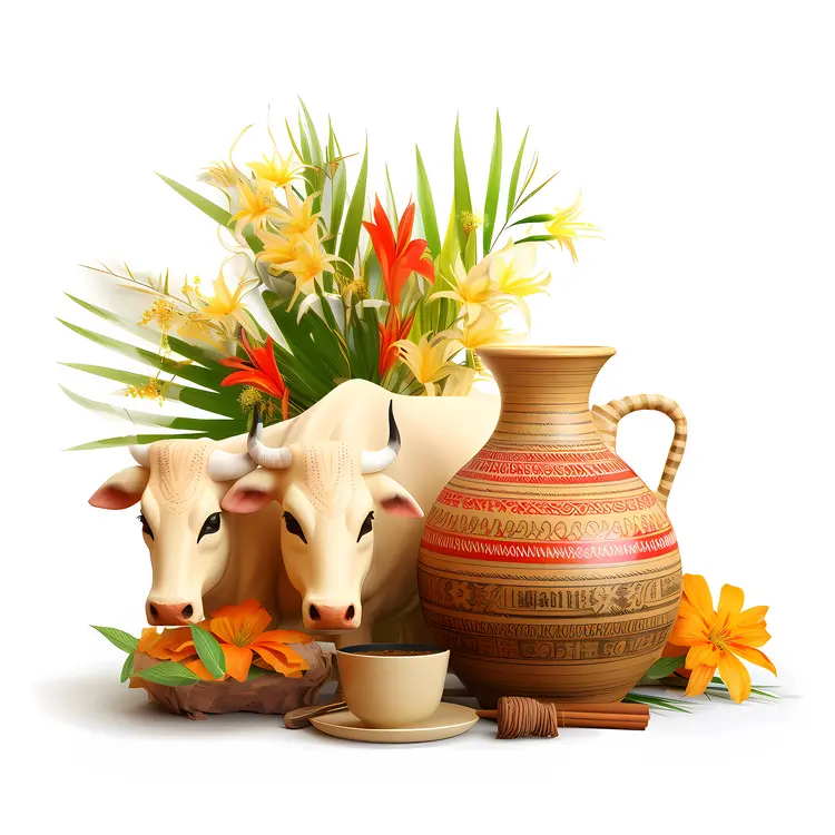 Traditional Decor with Cows and Pottery for Harvest Festival