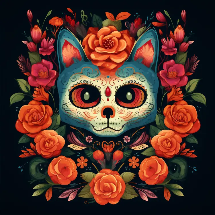 Colorful Sugar Skull Cat for Day of the Dead Celebration