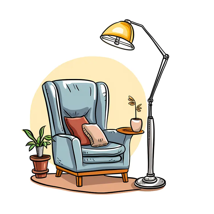 Cozy Blue Armchair with Floor Lamp and Potted Plant