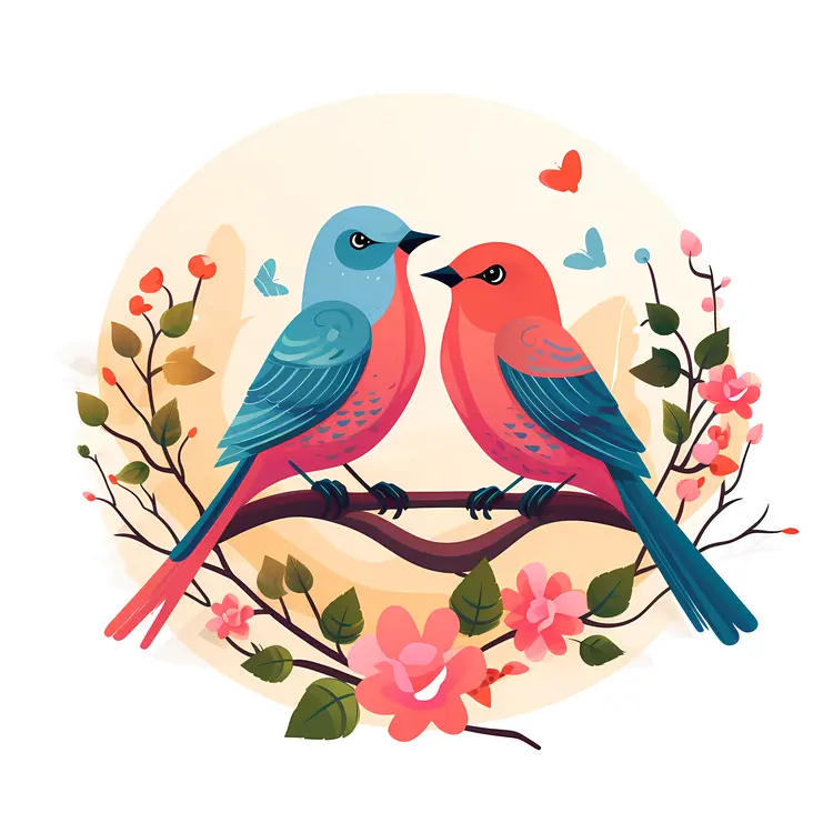 Cute Birds on a Branch with Flowers
