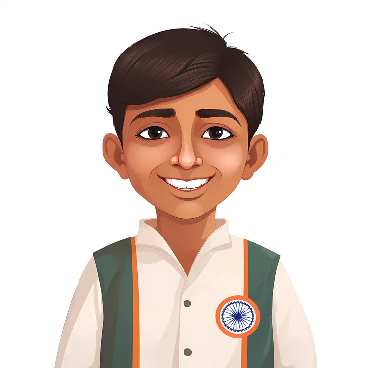 Smiling Boy in Traditional Clothing with Indian Flag Badge