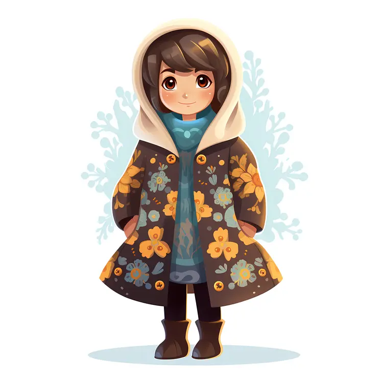 Cute Child in Floral Winter Coat Illustration