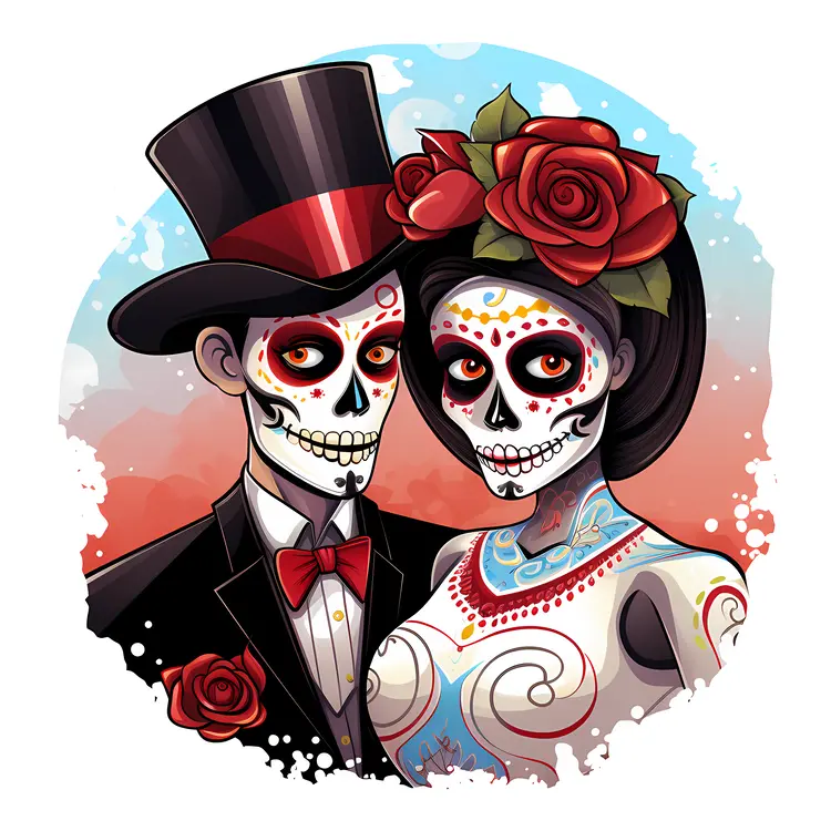 Skeleton Couple with Top Hat and Red Bow Tie