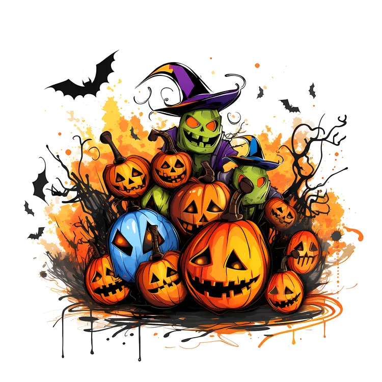 Pumpkins with Witch Hats and Halloween Decorations