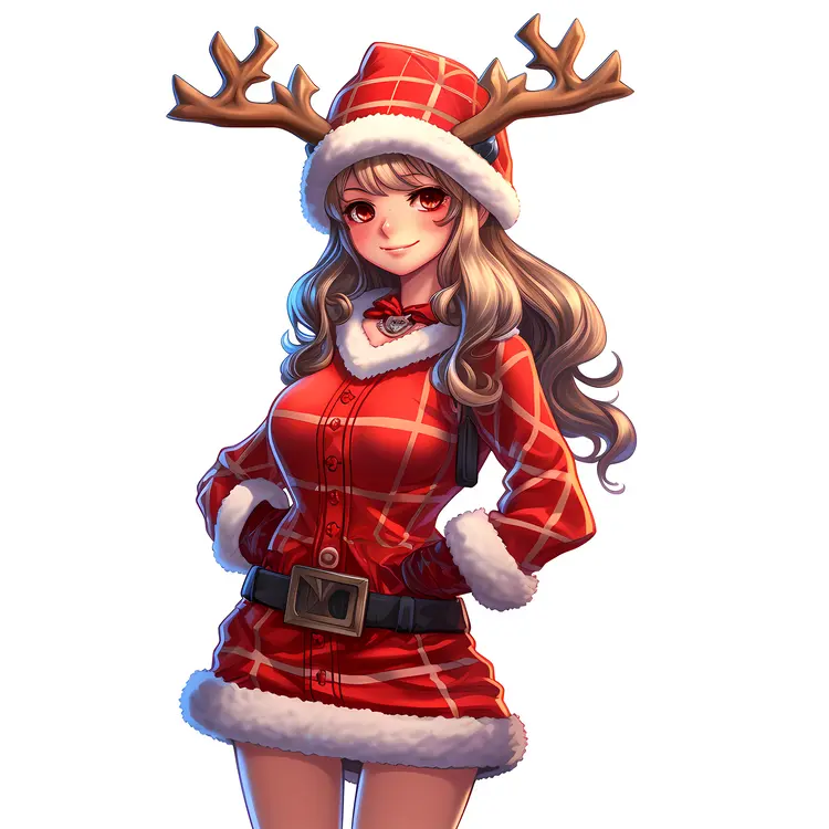 Girl in Red Plaid Christmas Dress with Antlers