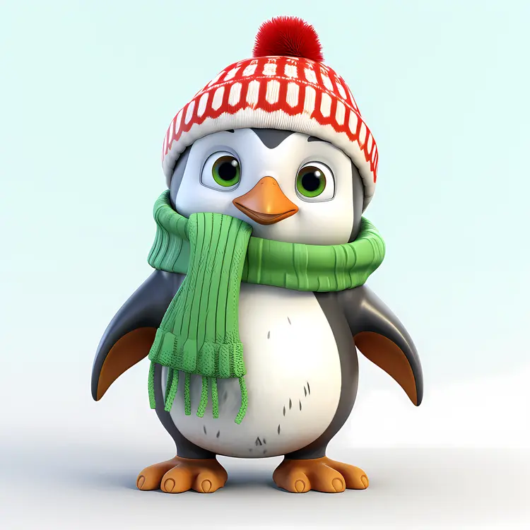 Cute Penguin with Red and White Hat and Green Scarf