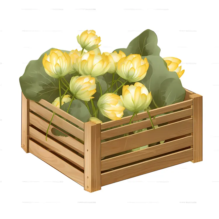 Wooden Crate with Yellow Flowers and Green Leaves