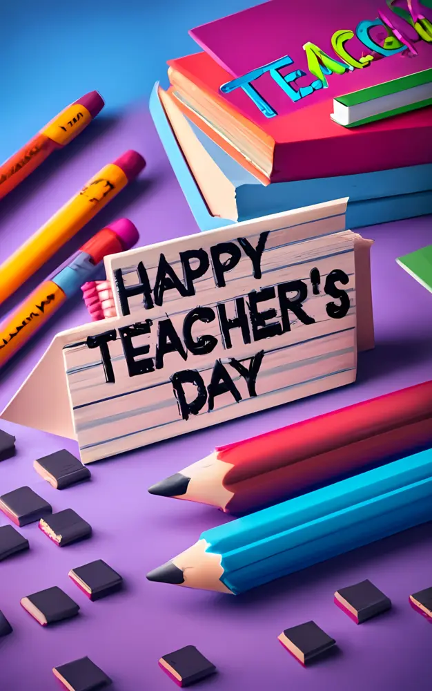 Happy Teacher's Day Greeting with Notebook and Pencils