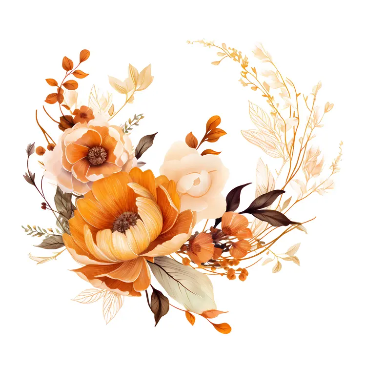 Vibrant Orange Floral Arrangement with Autumn Leaves