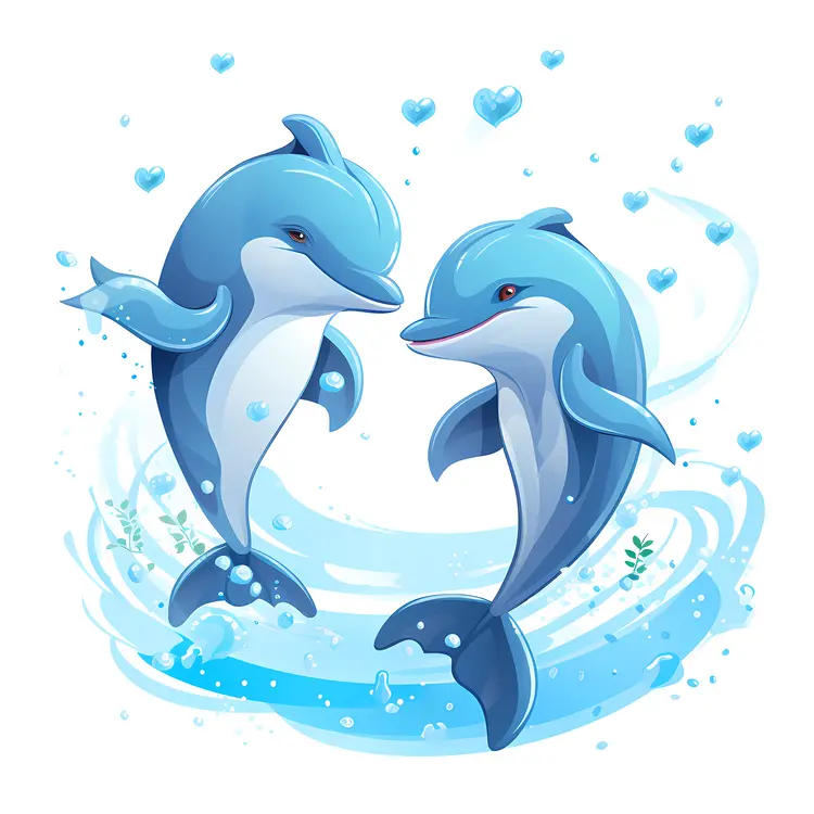 Cute Dolphins with Hearts in Water