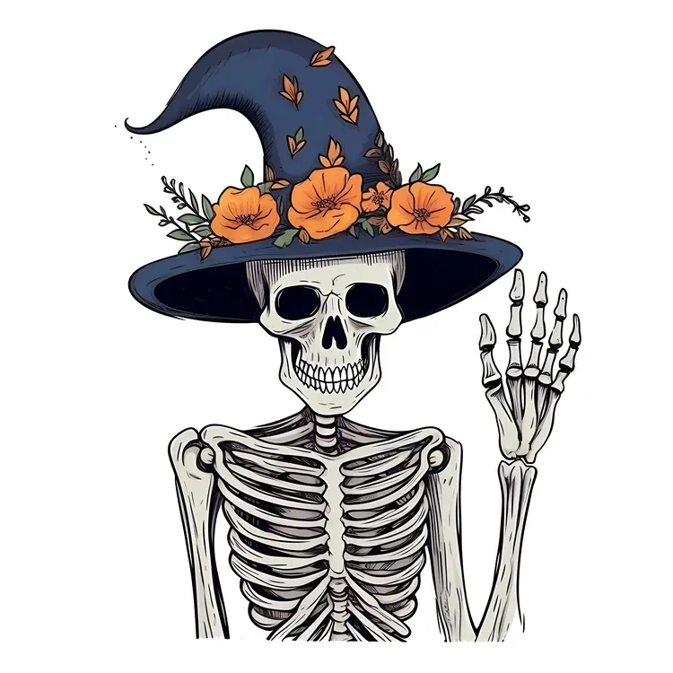 Skeleton with Witch Hat and Flowers Illustration